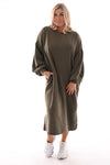 Lange sweaterdress met pofmouwen legergroen