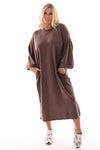 Lange sweaterdress met pofmouwen taupe