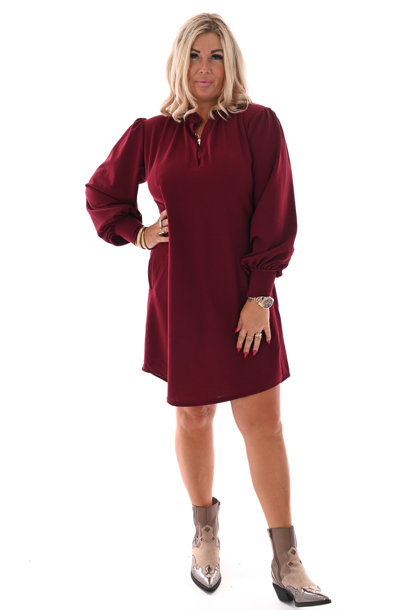Jurk roezel kraag uni bordeaux