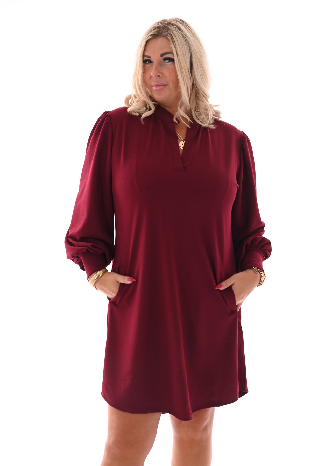 Jurk roezel kraag uni bordeaux