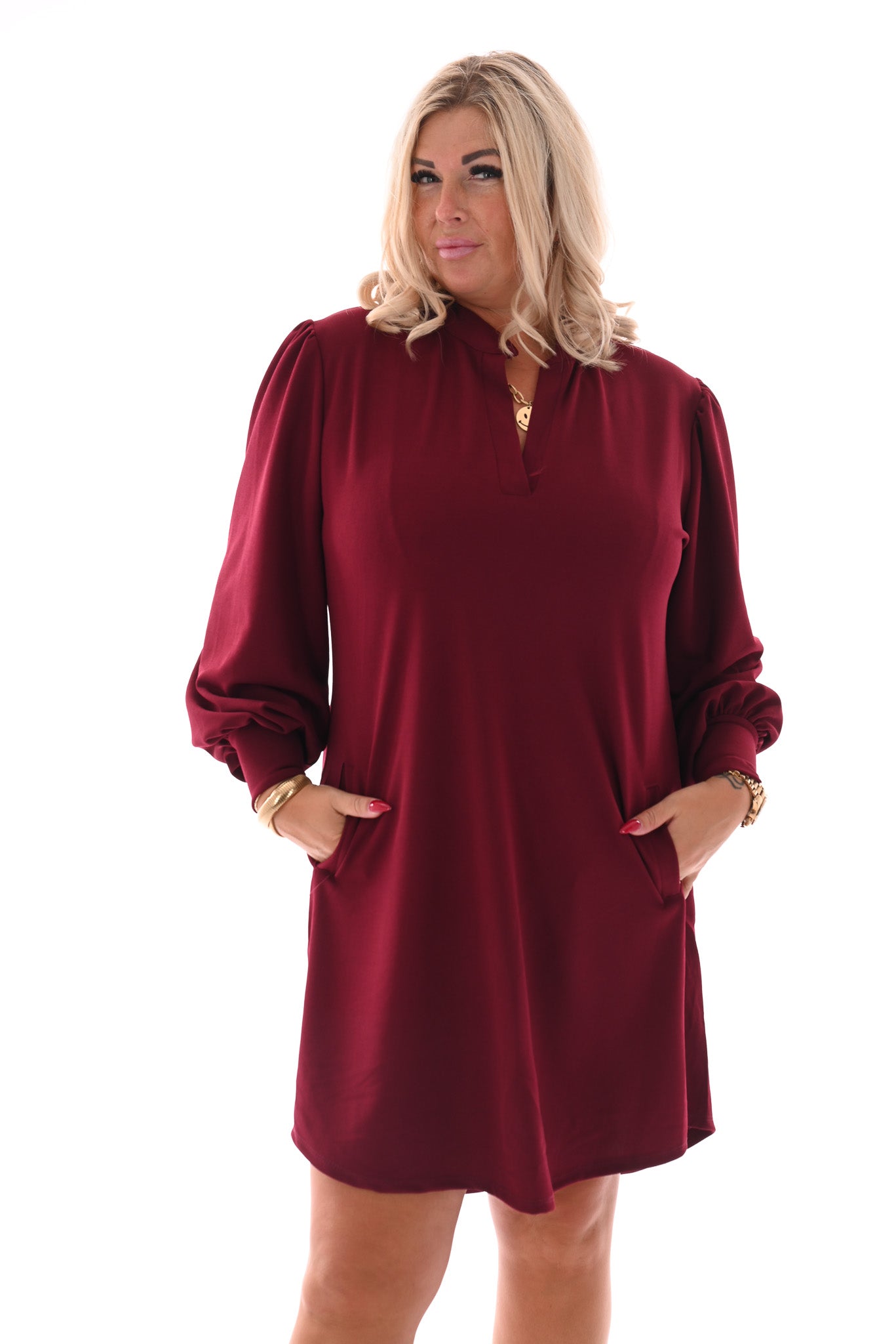 Jurk roezel kraag uni bordeaux