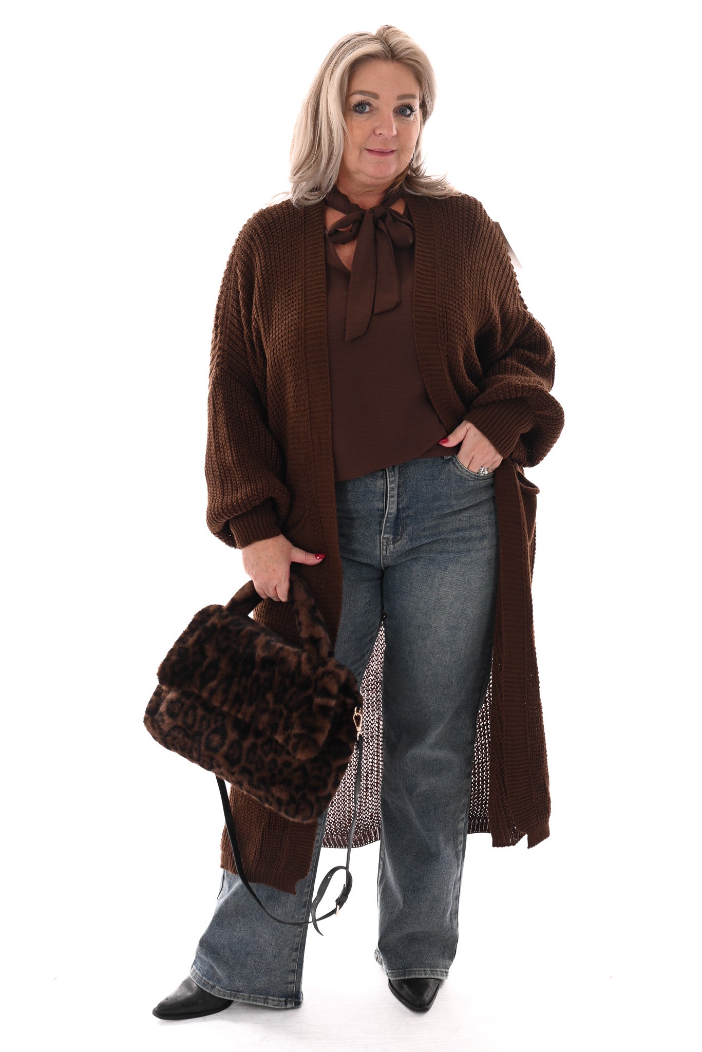 Faux fur panterprint handtas donkerbruin