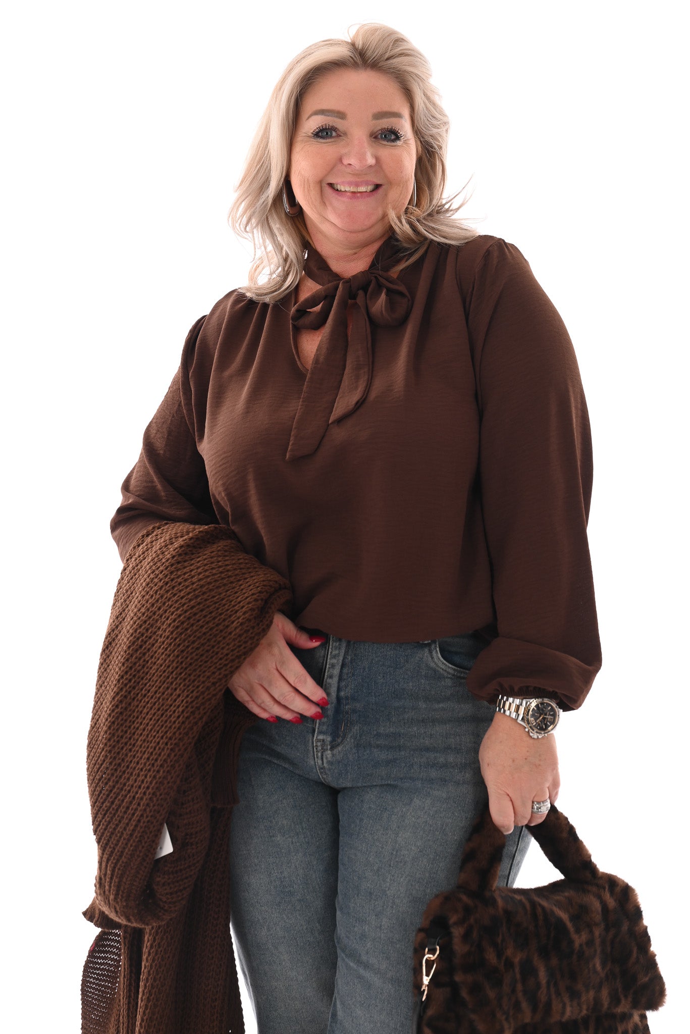 Blouse met strik bruin
