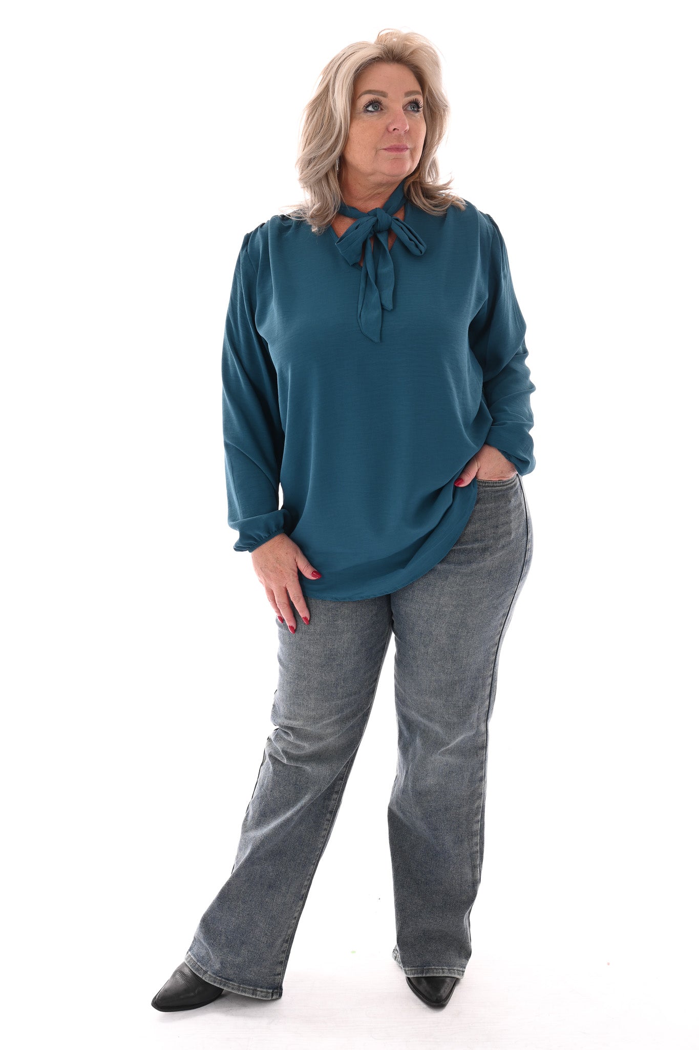 Blouse met strik petrol