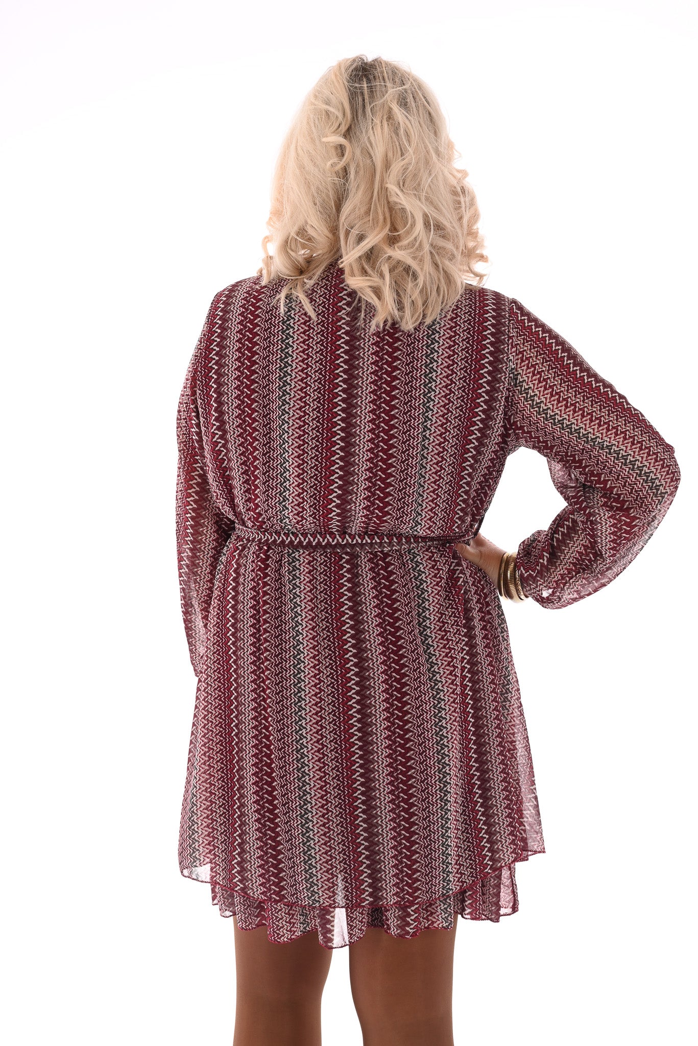 Korte jurk lange mouwen zigzag met ceintuur bordeaux