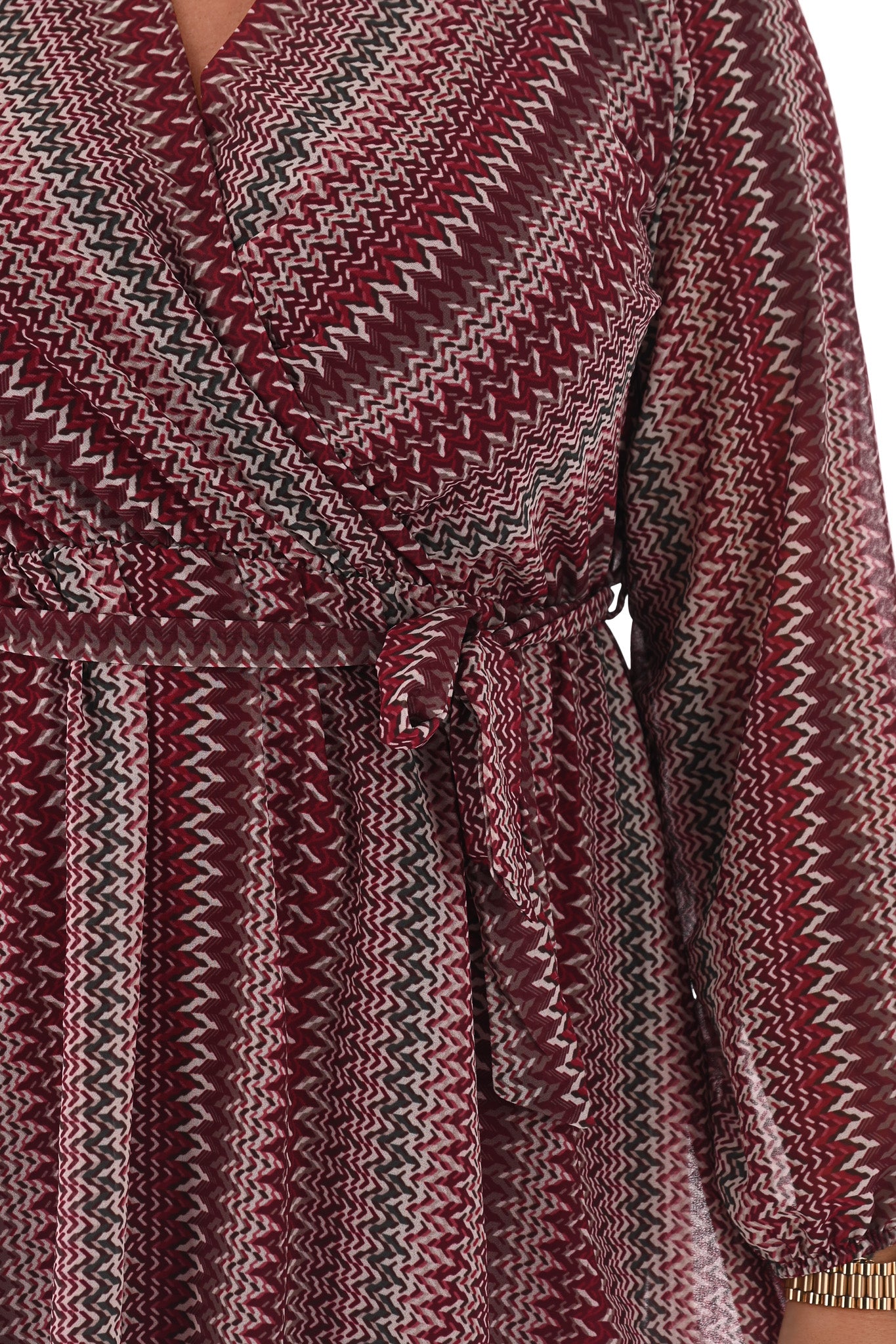 Korte jurk lange mouwen zigzag met ceintuur bordeaux