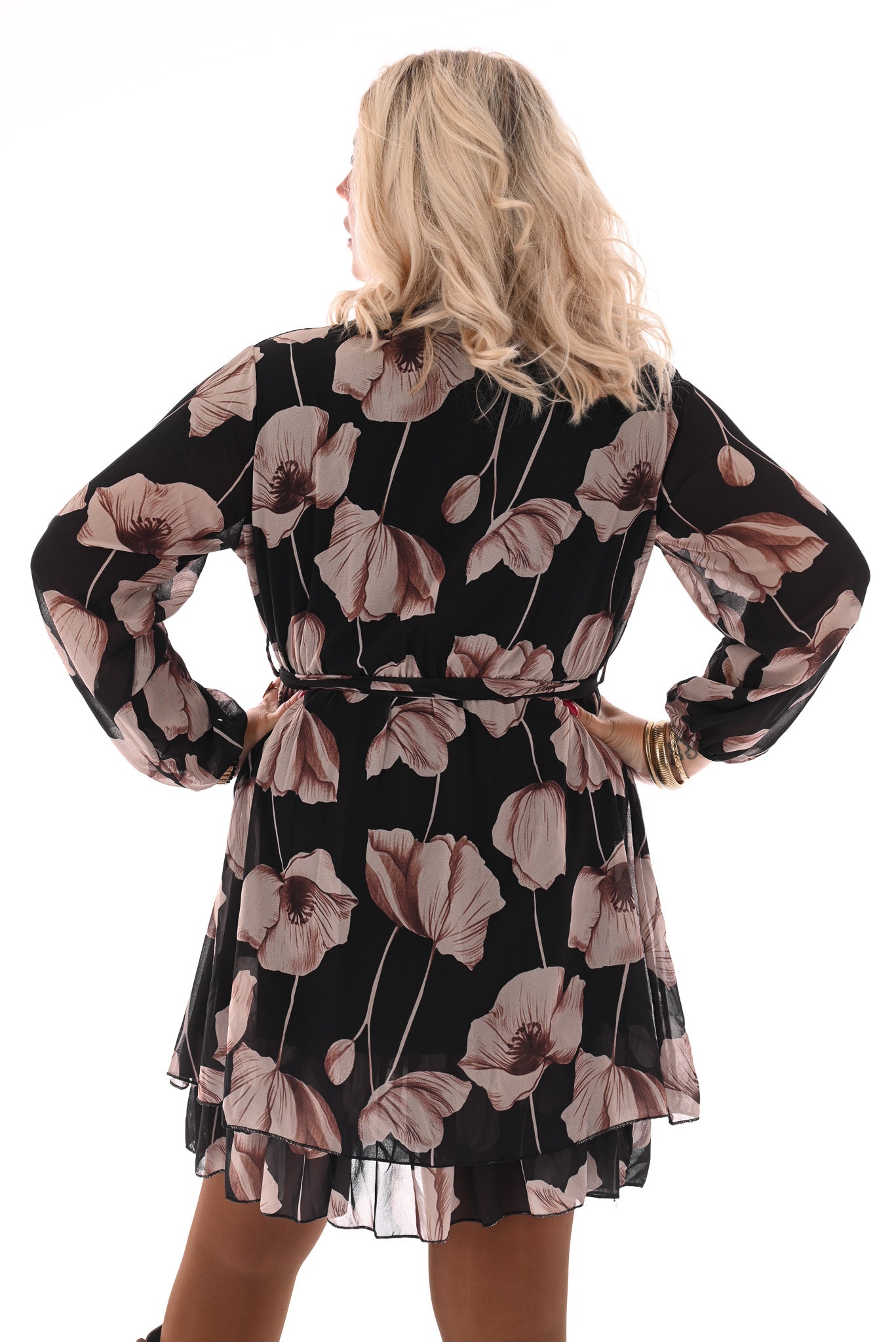 Korte jurk lange mouwen met ceintuur bloemenprint zwart