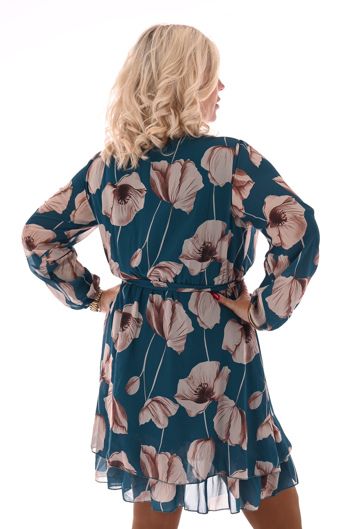 Korte jurk lange mouwen met ceintuur bloemenprint petrol