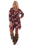 Korte jurk lange mouwen met ceintuur bloemenprint bordeaux