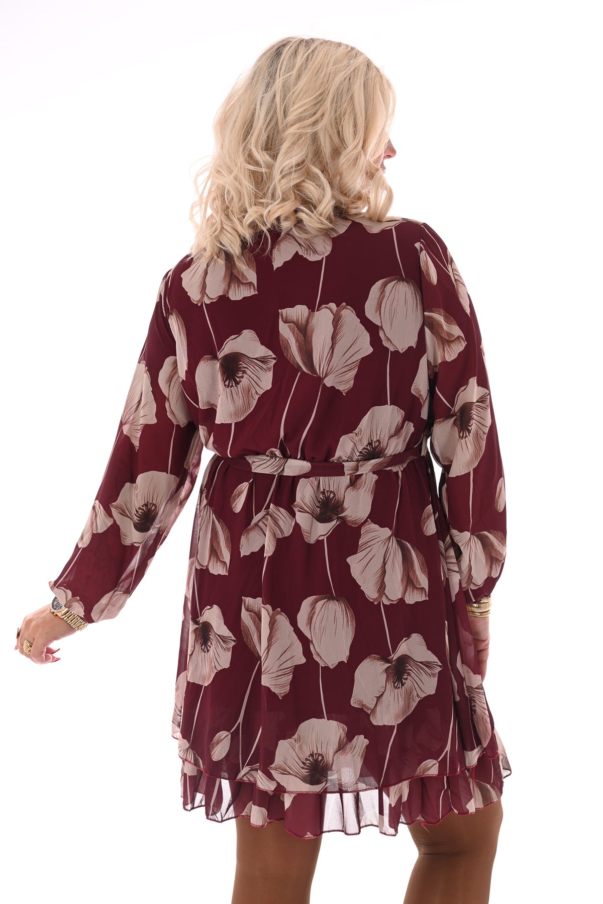 Korte jurk lange mouwen met ceintuur bloemenprint bordeaux