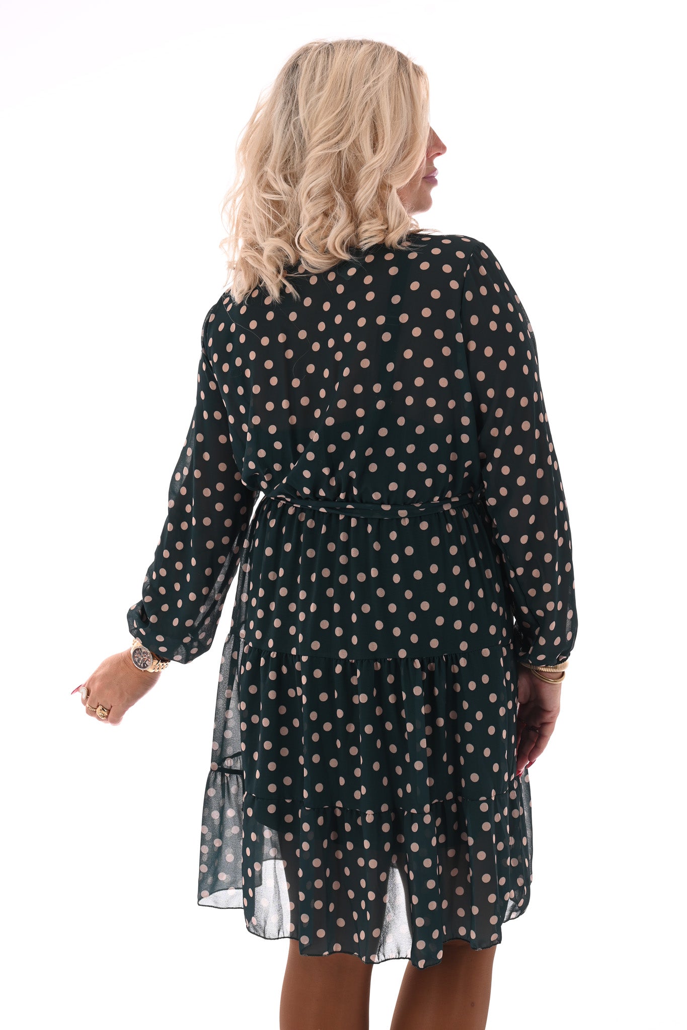 Korte jurk lange mouwen met stroken dots flessengroen