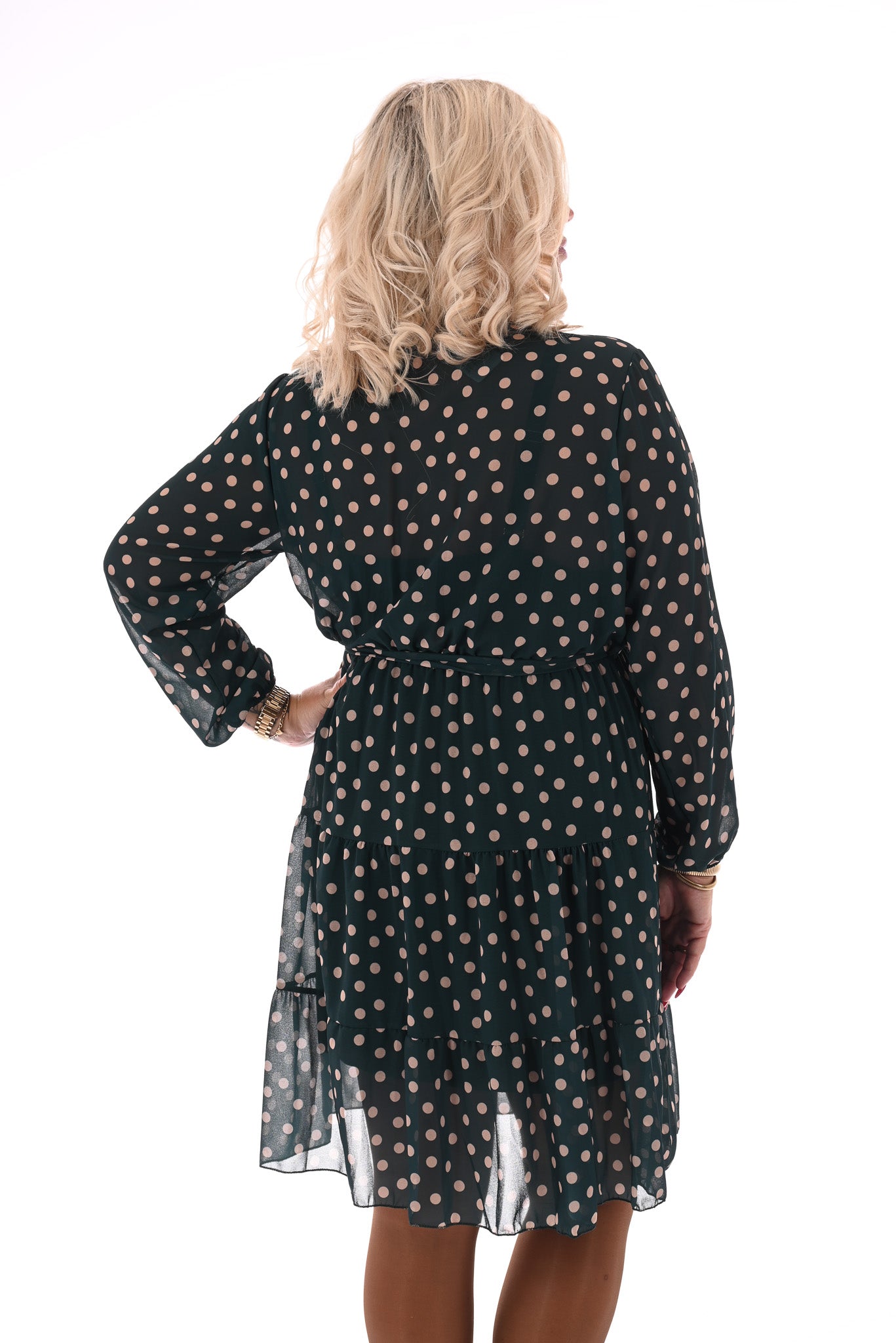 Korte jurk lange mouwen met stroken dots flessengroen