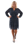Korte jurk lange mouwen met stroken dots marineblauw