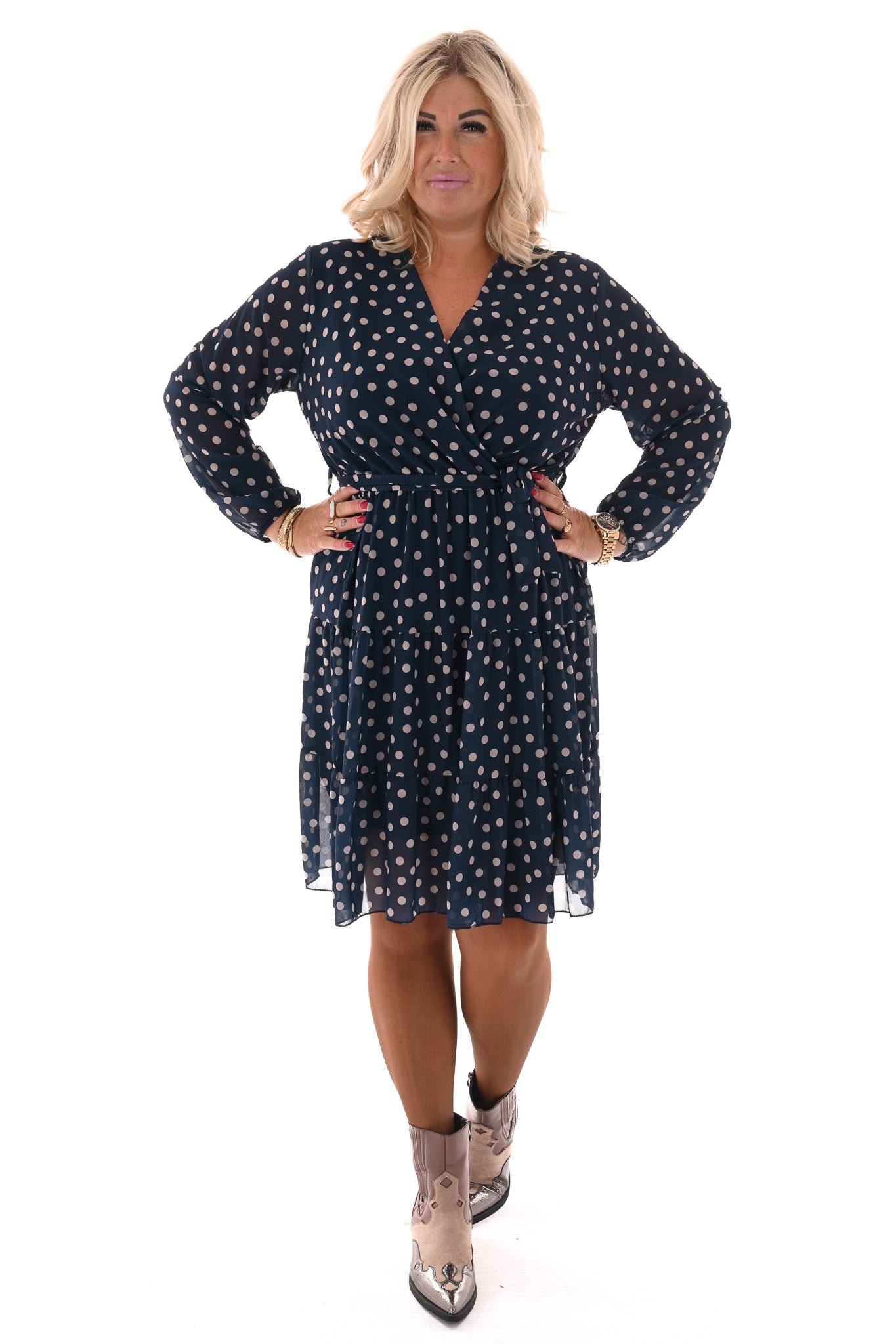 Korte jurk lange mouwen met stroken dots marineblauw