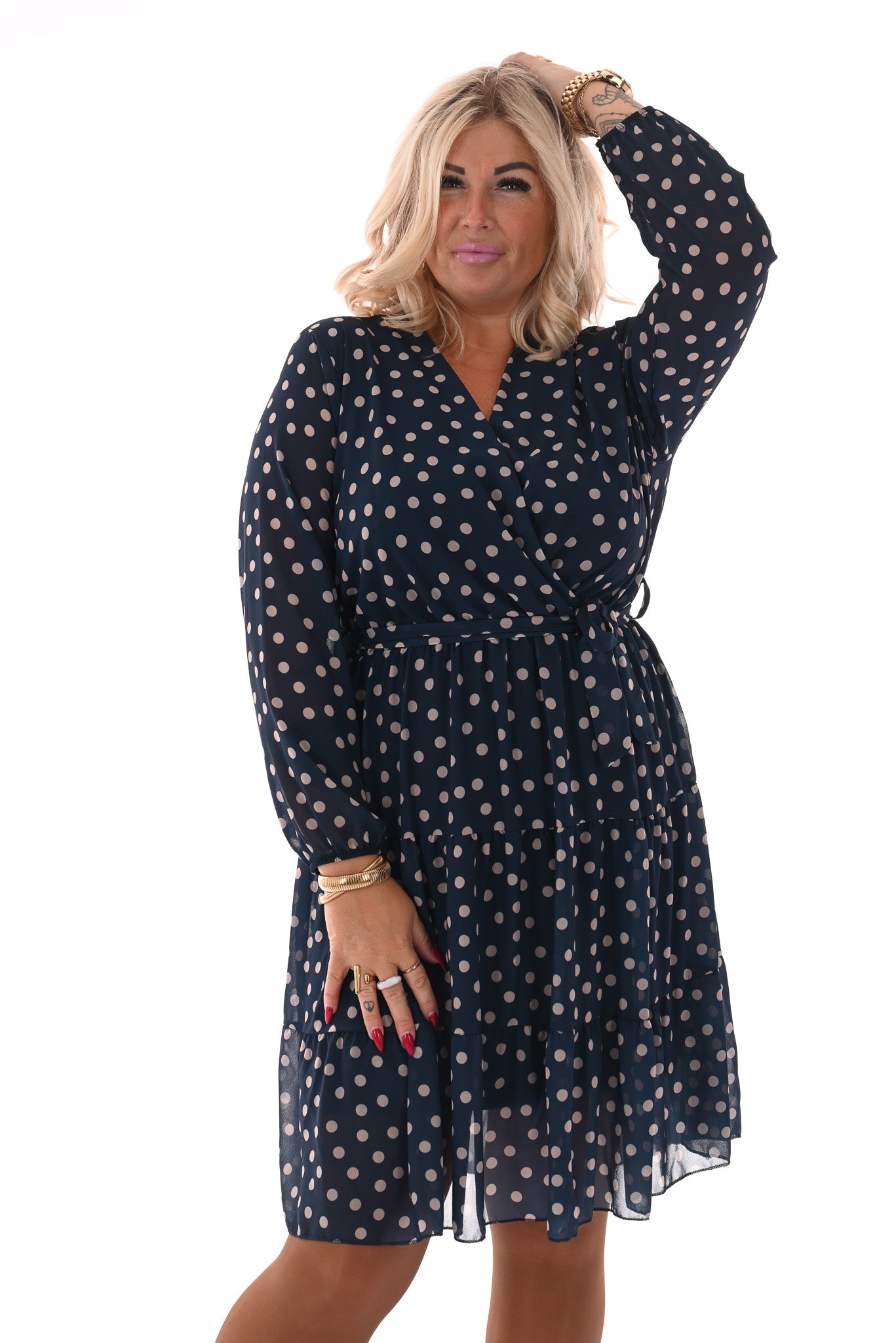 Korte jurk lange mouwen met stroken dots marineblauw
