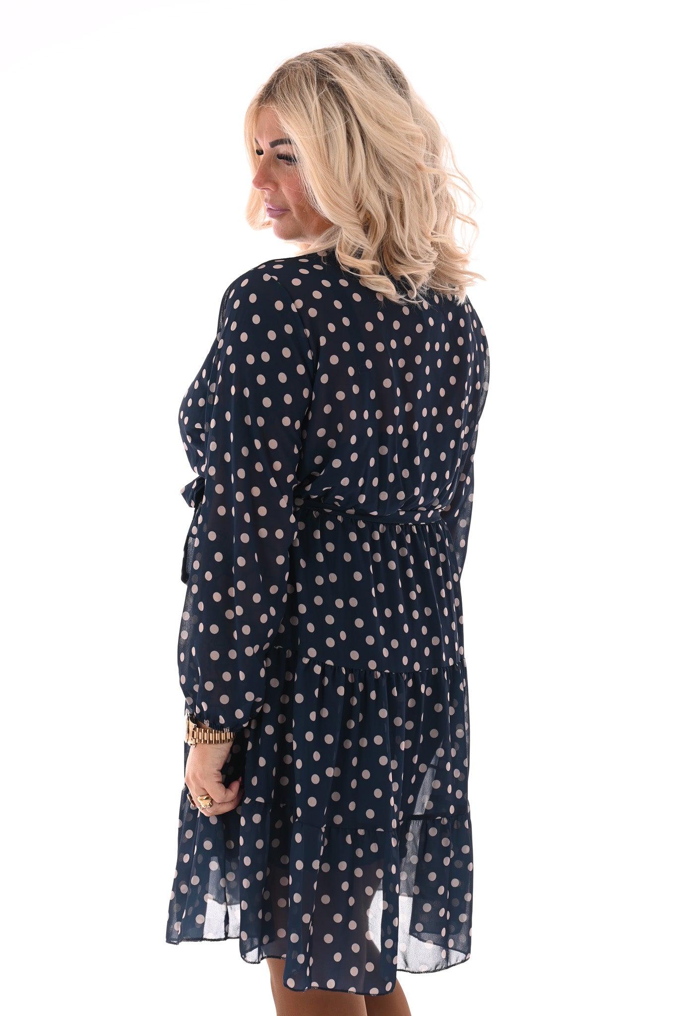 Korte jurk lange mouwen met stroken dots marineblauw
