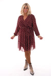 Korte jurk lange mouwen met stroken dots bordeaux