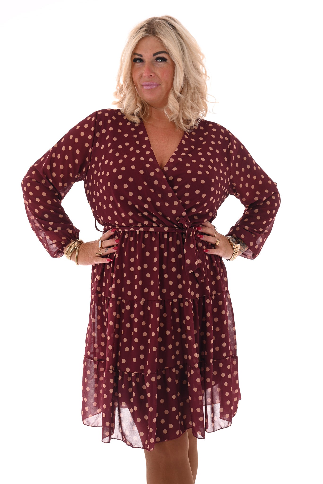 Korte jurk lange mouwen met stroken dots bordeaux