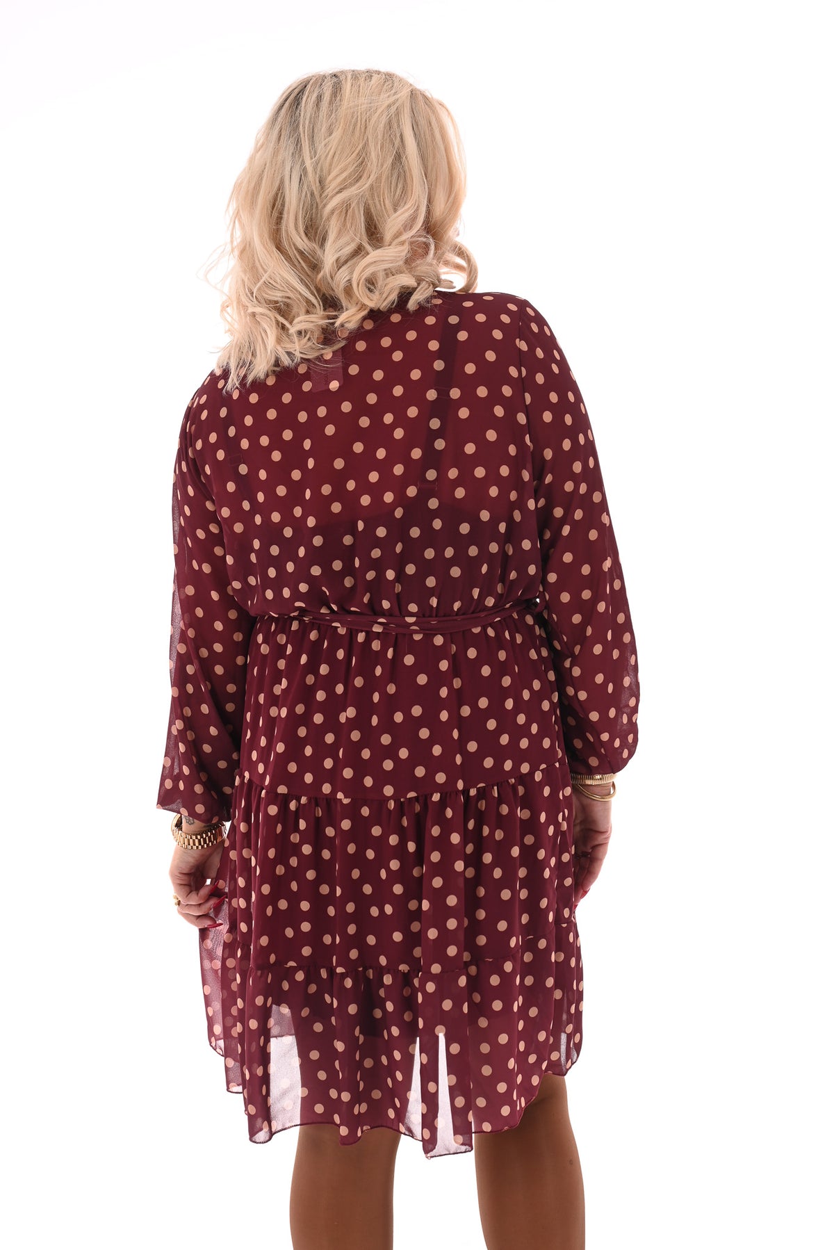 Korte jurk lange mouwen met stroken dots bordeaux