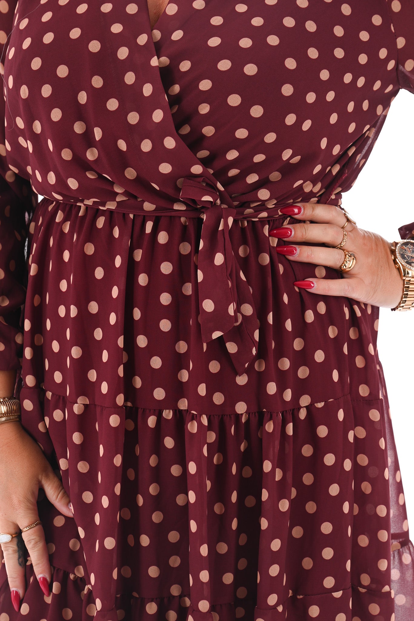 Korte jurk lange mouwen met stroken dots bordeaux