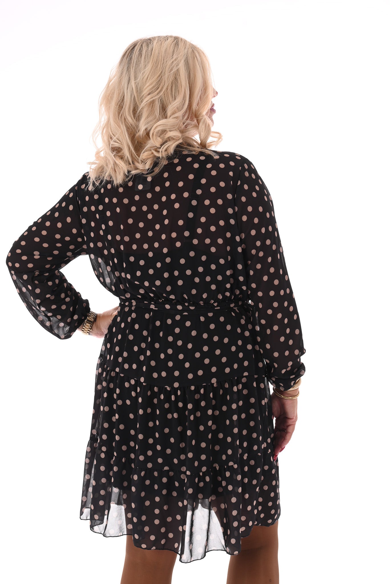 Korte jurk lange mouwen met stroken dots zwart