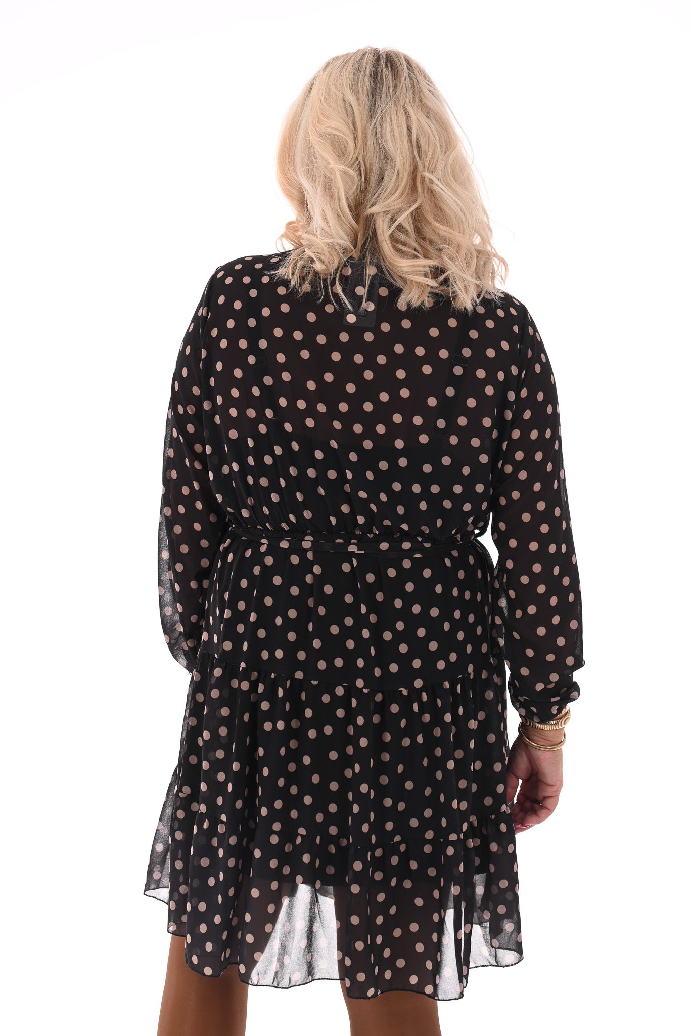 Korte jurk lange mouwen met stroken dots zwart