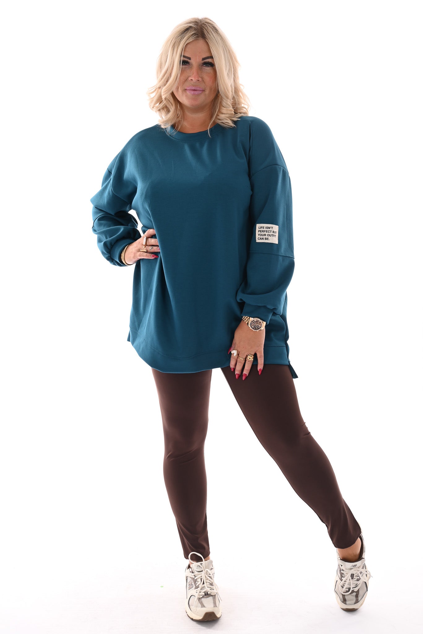 Sweater pofmouwen met applicatie petrol