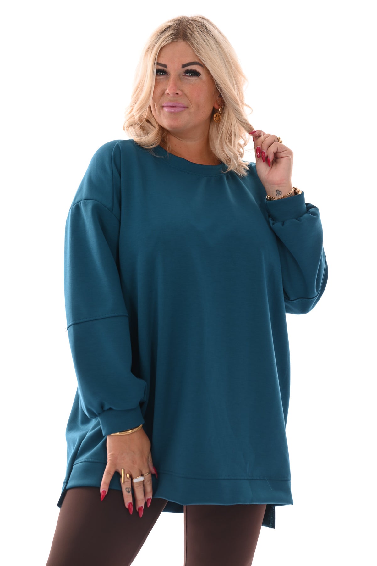 Sweater pofmouwen met applicatie petrol
