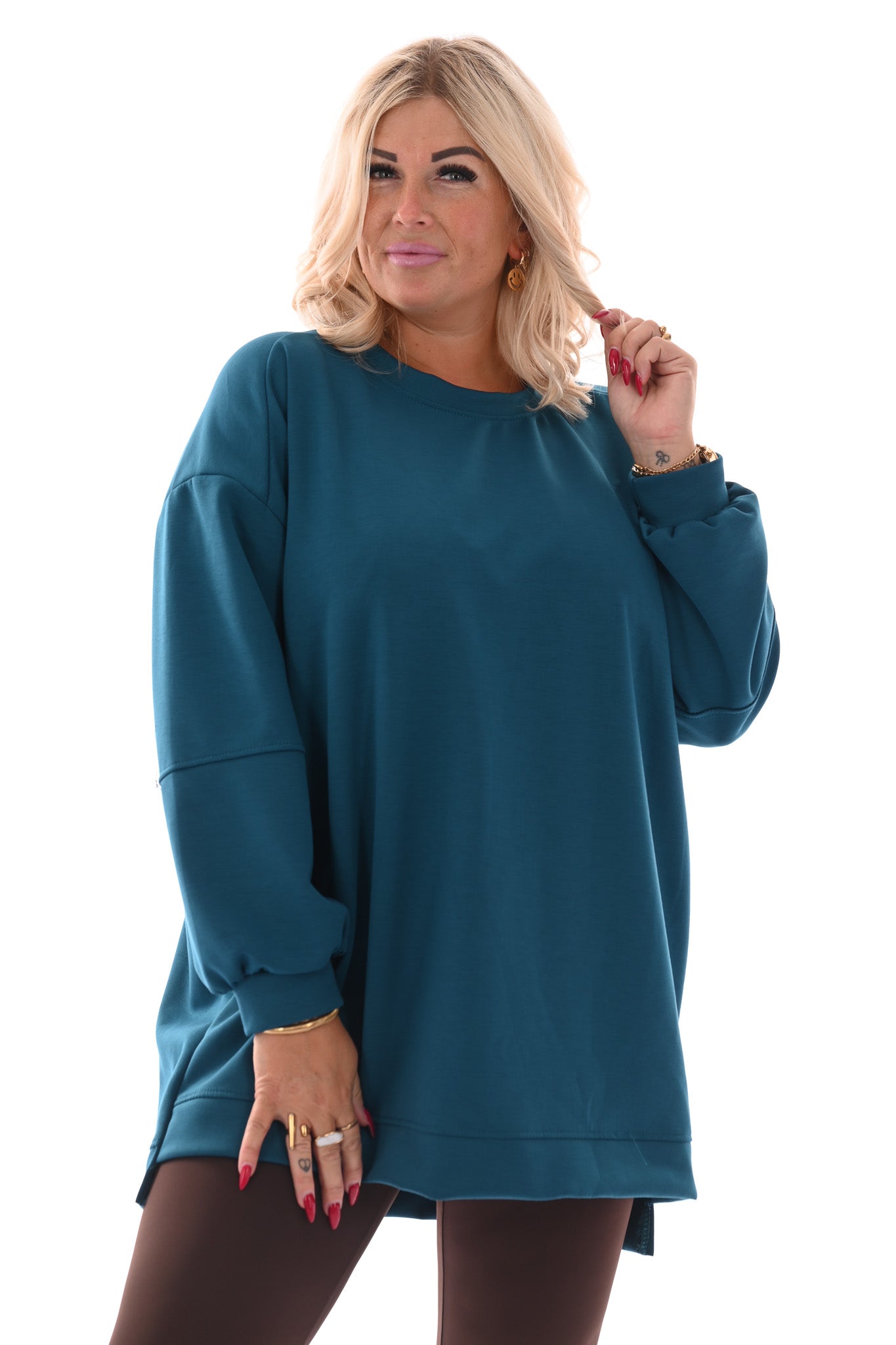 Sweater pofmouwen met applicatie petrol