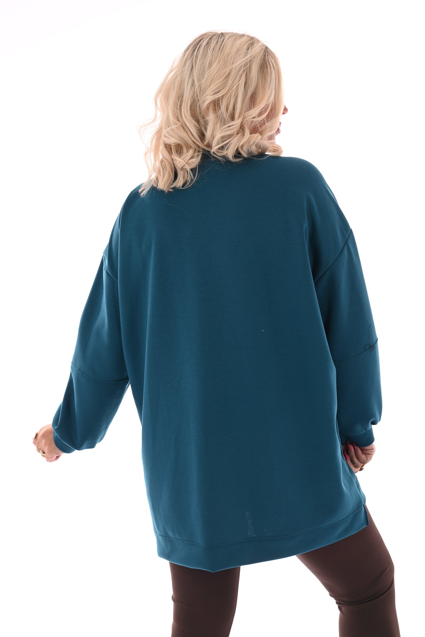 Sweater pofmouwen met applicatie petrol