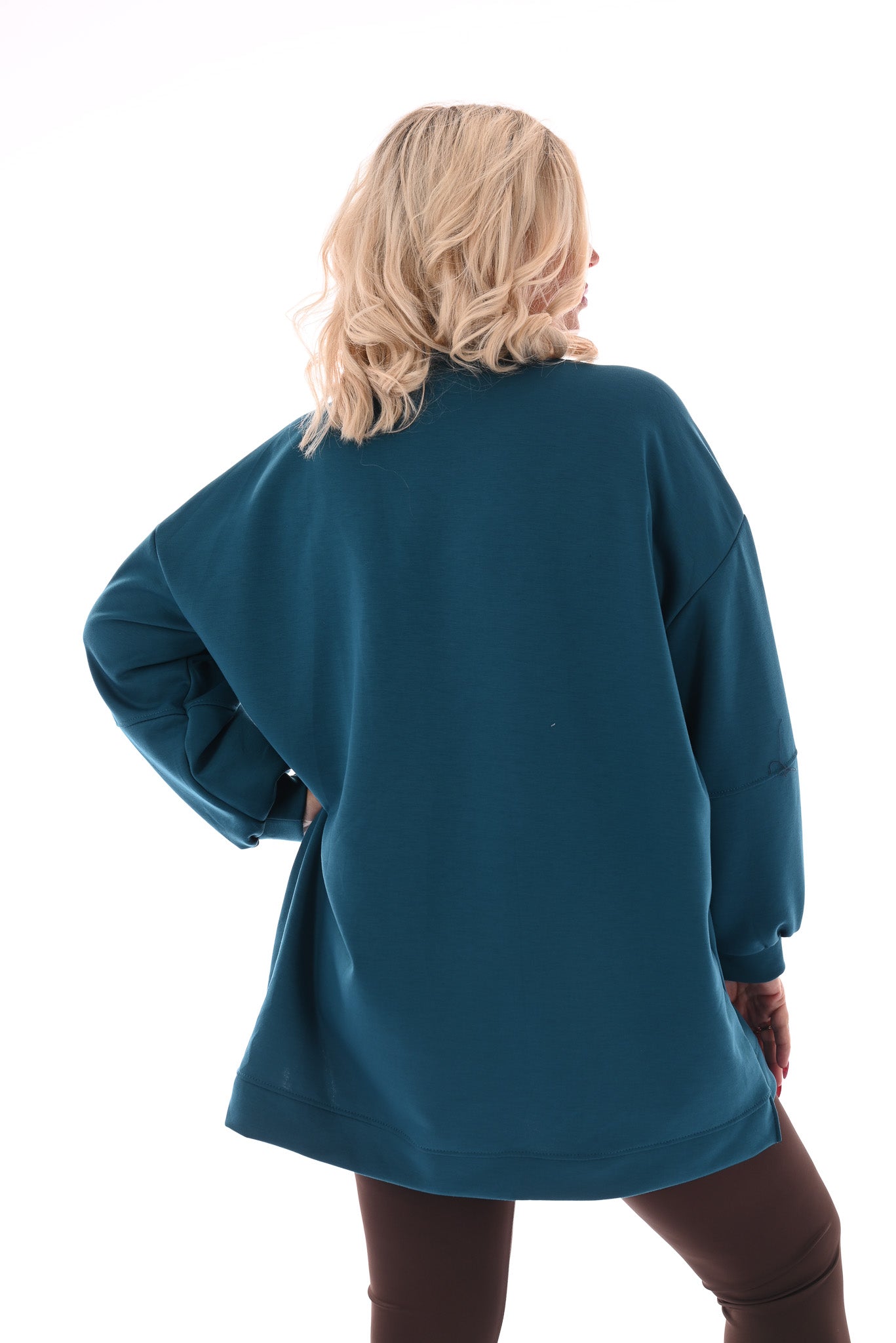 Sweater pofmouwen met applicatie petrol