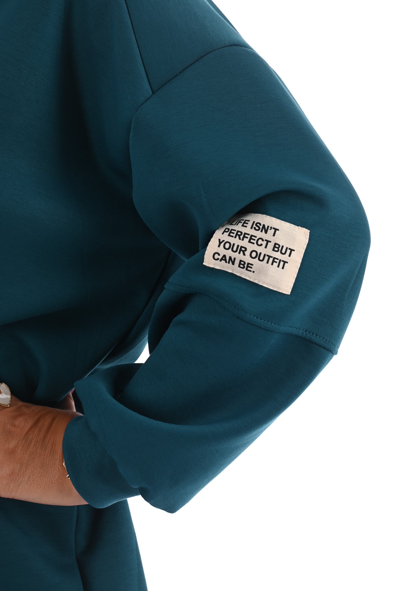 Sweater pofmouwen met applicatie petrol