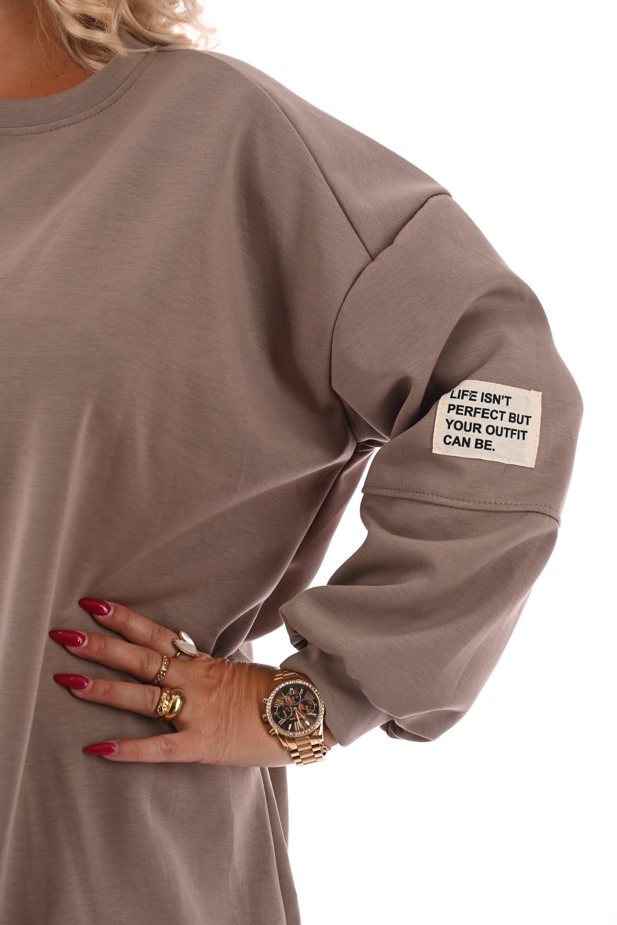 Sweater pofmouwen met applicatie taupe