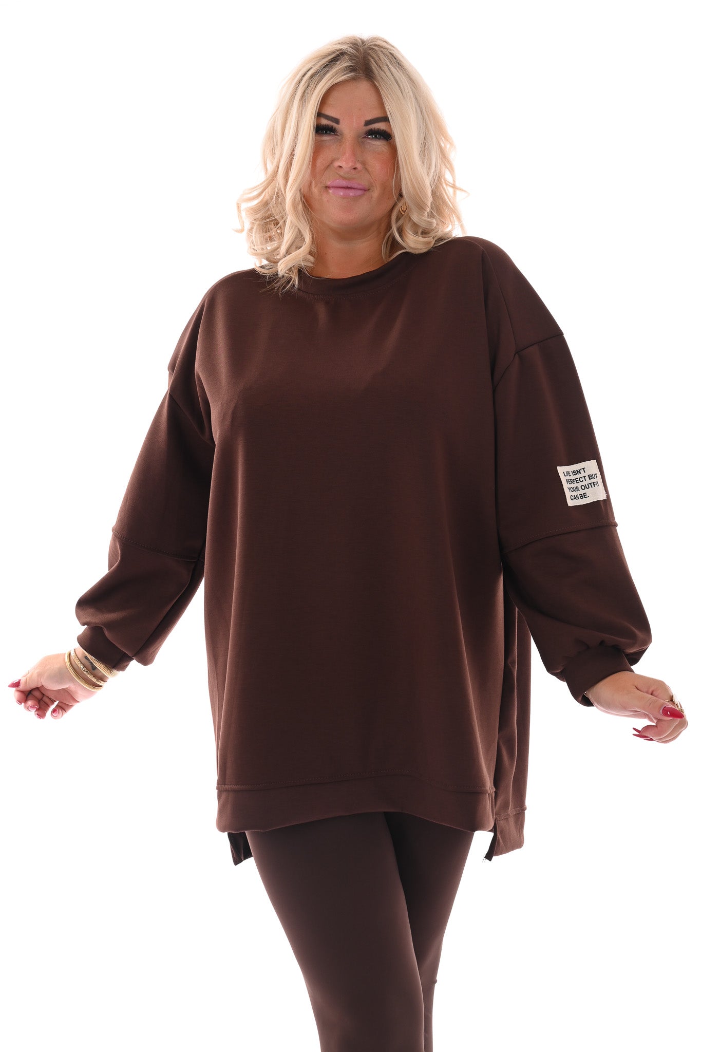Sweater pofmouwen met applicatie donkerbruin