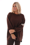 Sweater pofmouwen met applicatie donkerbruin