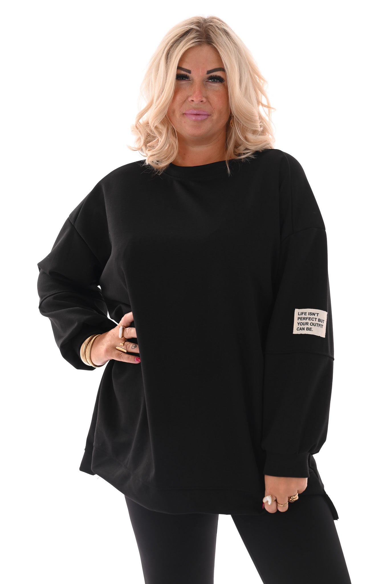 Sweater pofmouwen met applicatie zwart
