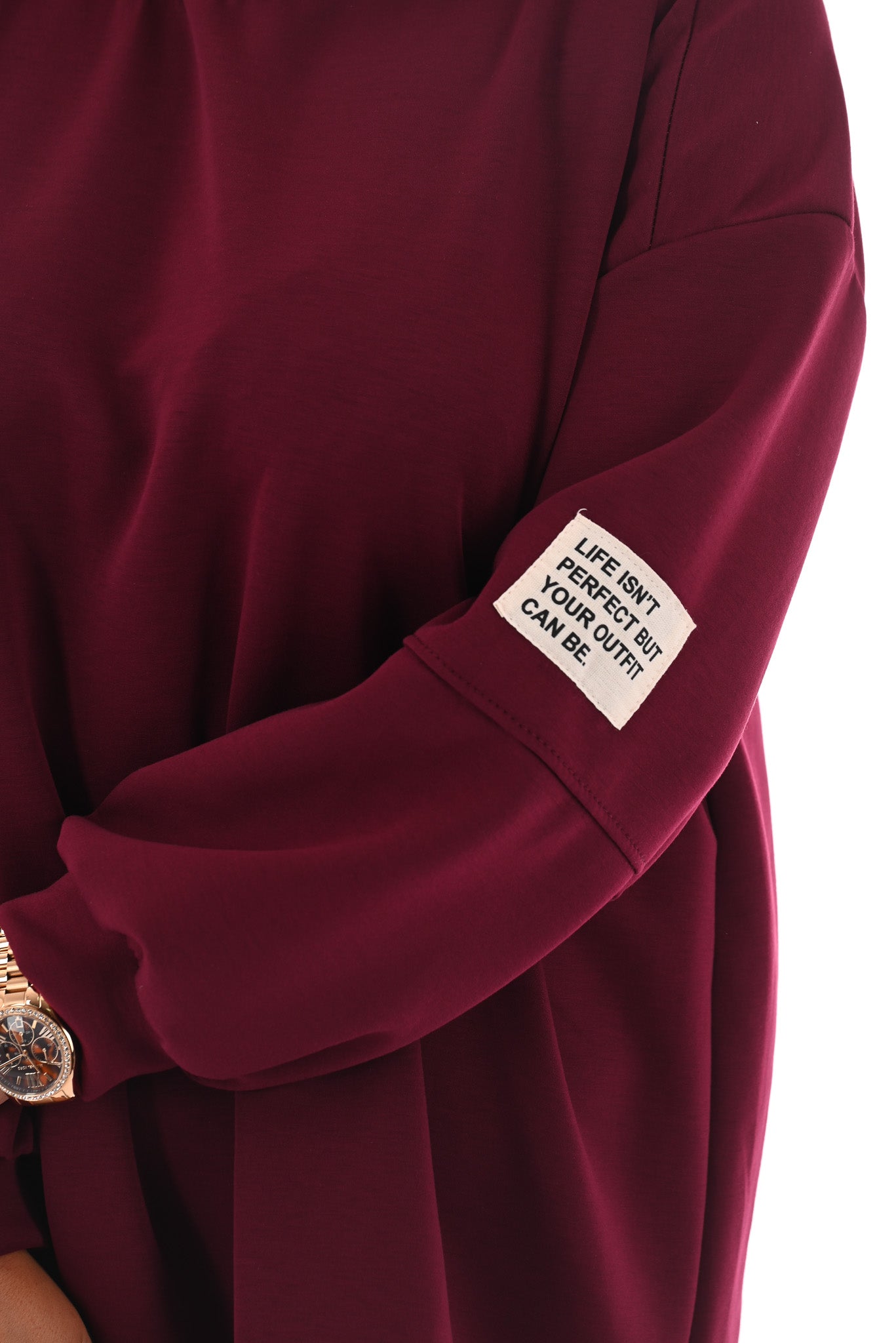 Sweater pofmouwen met applicatie bordeaux