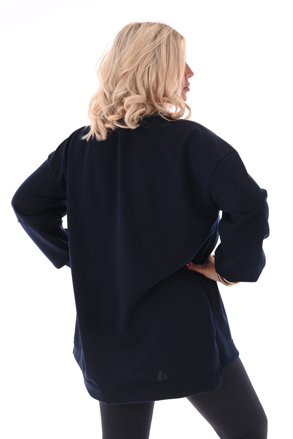 Sweater pofmouwen met applicatie marineblauw