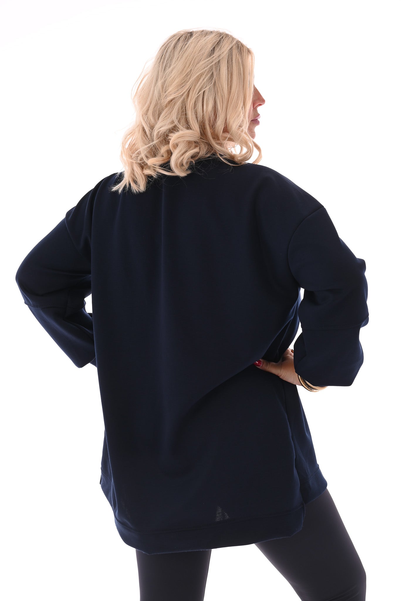 Sweater pofmouwen met applicatie marineblauw