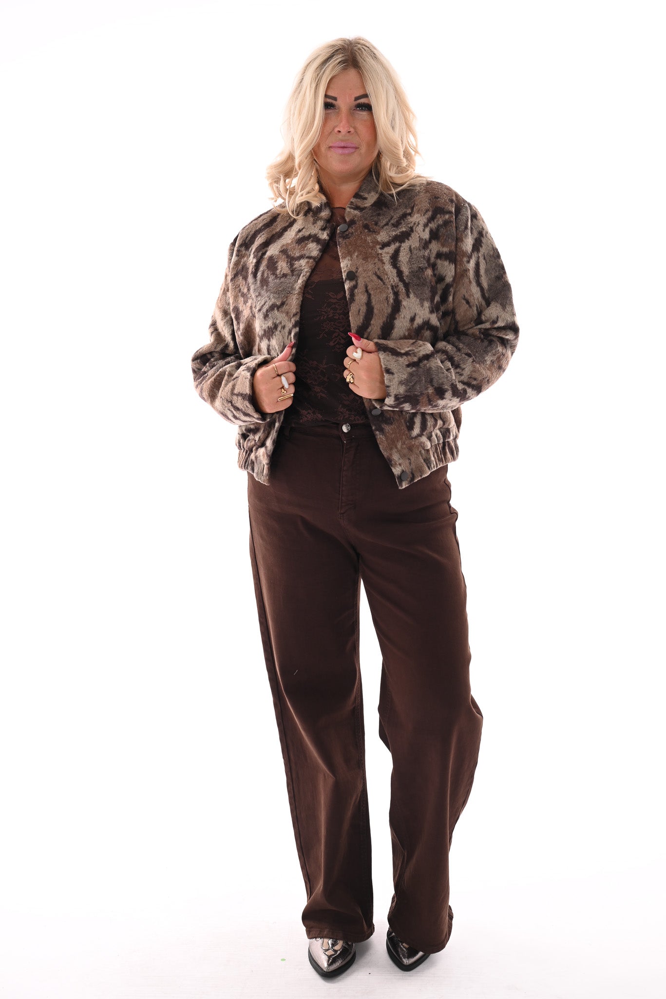 Bomber faux fur tijgerprint bruin/beige