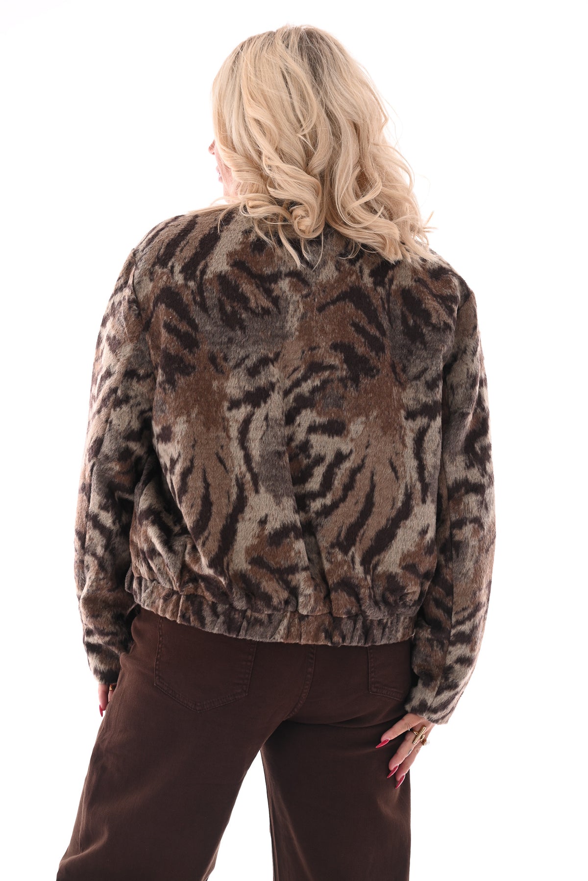 Bomber faux fur tijgerprint bruin/beige