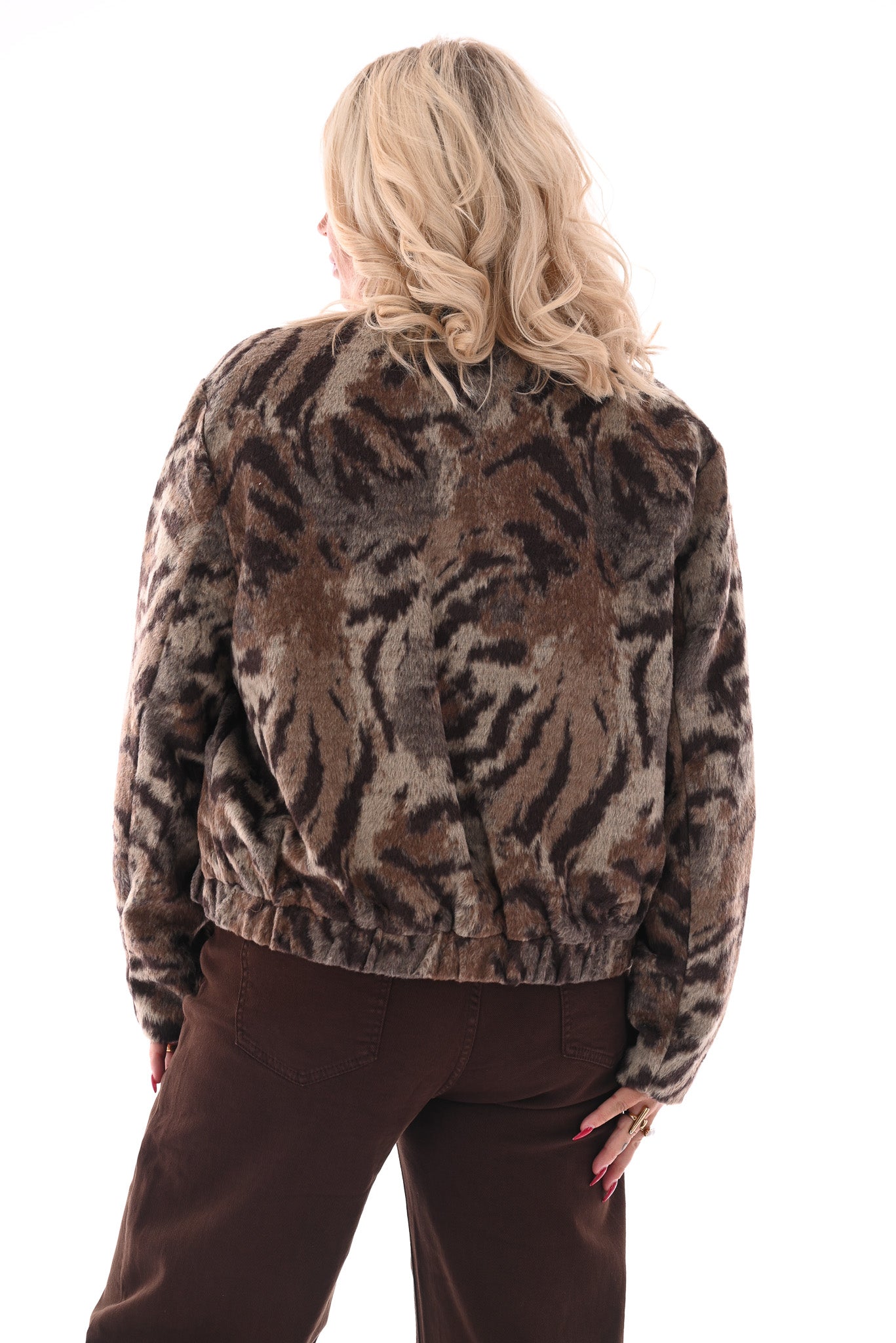 Bomber faux fur tijgerprint bruin/beige