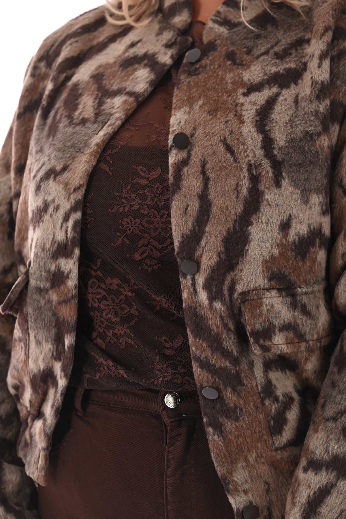 Bomber faux fur tijgerprint bruin/beige