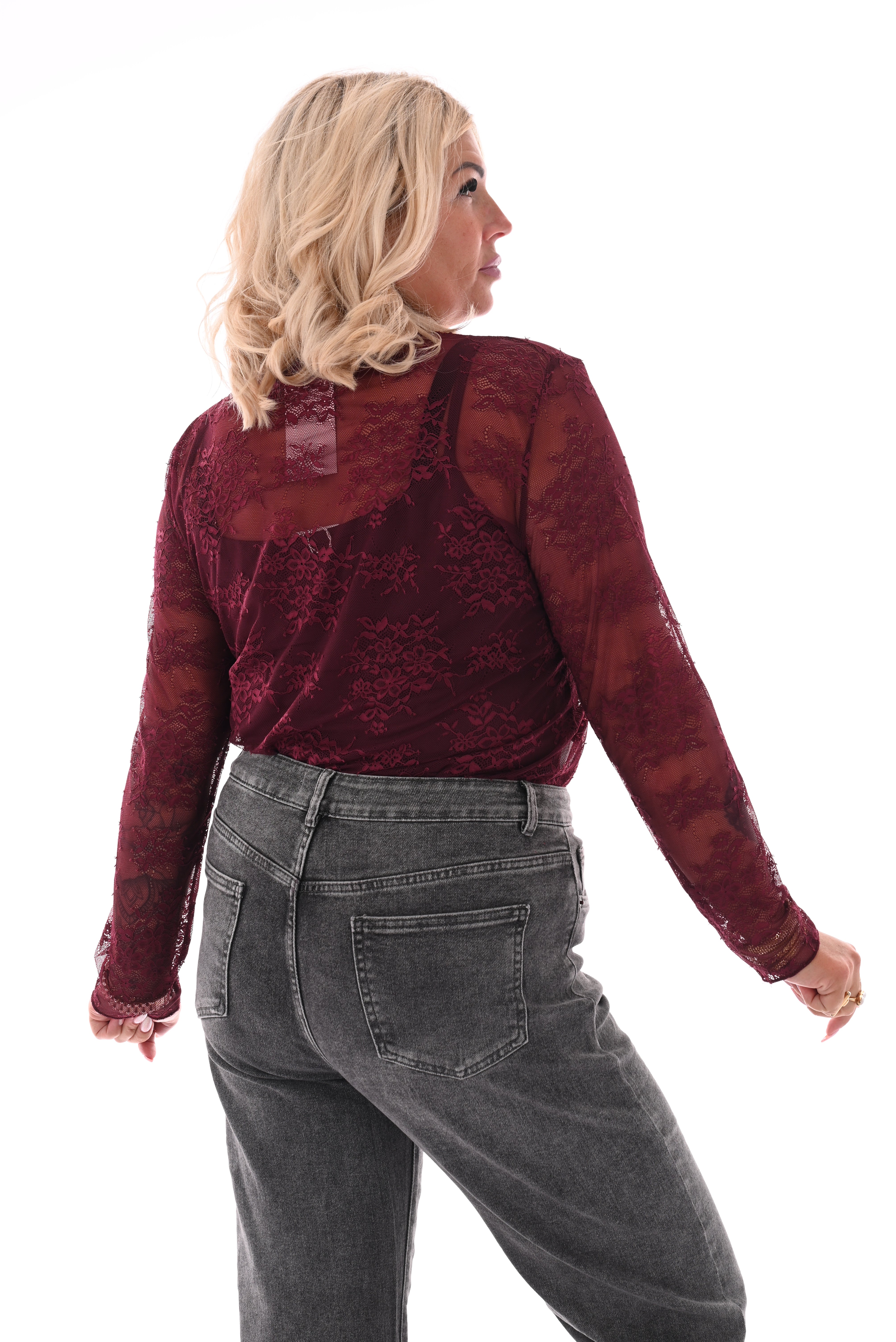 Kanten top ronde hals bordeaux