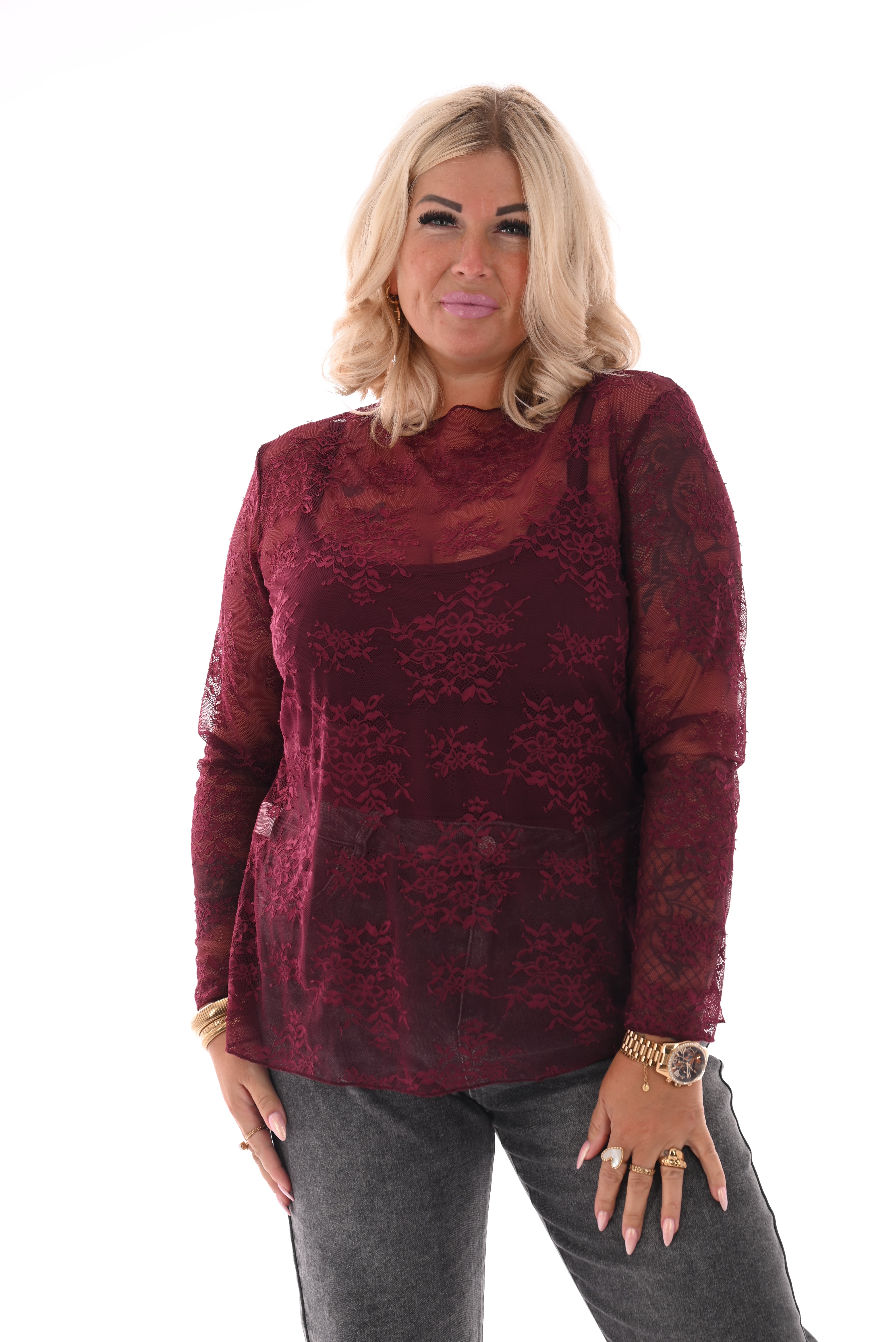 Kanten top ronde hals bordeaux