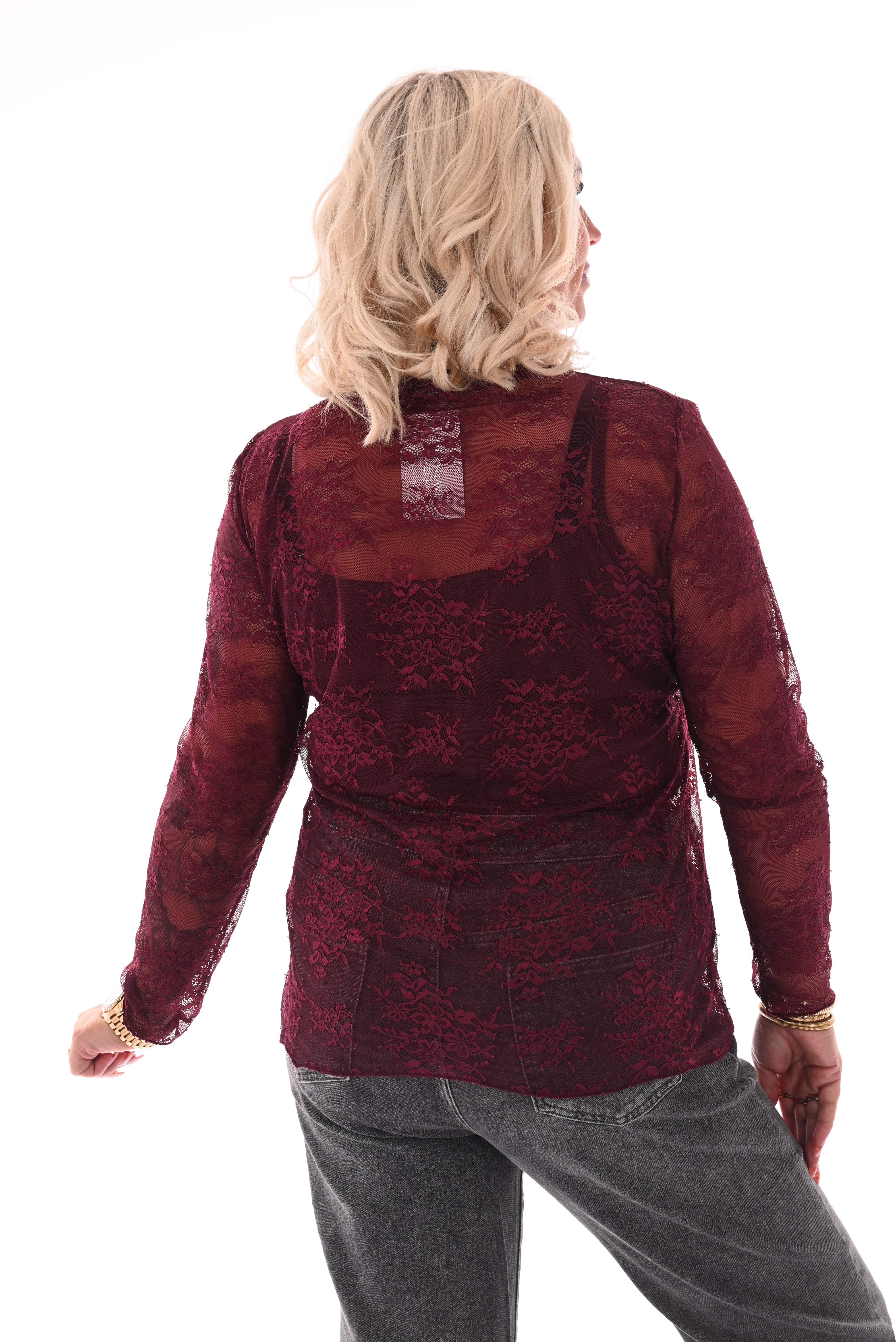 Kanten top ronde hals bordeaux