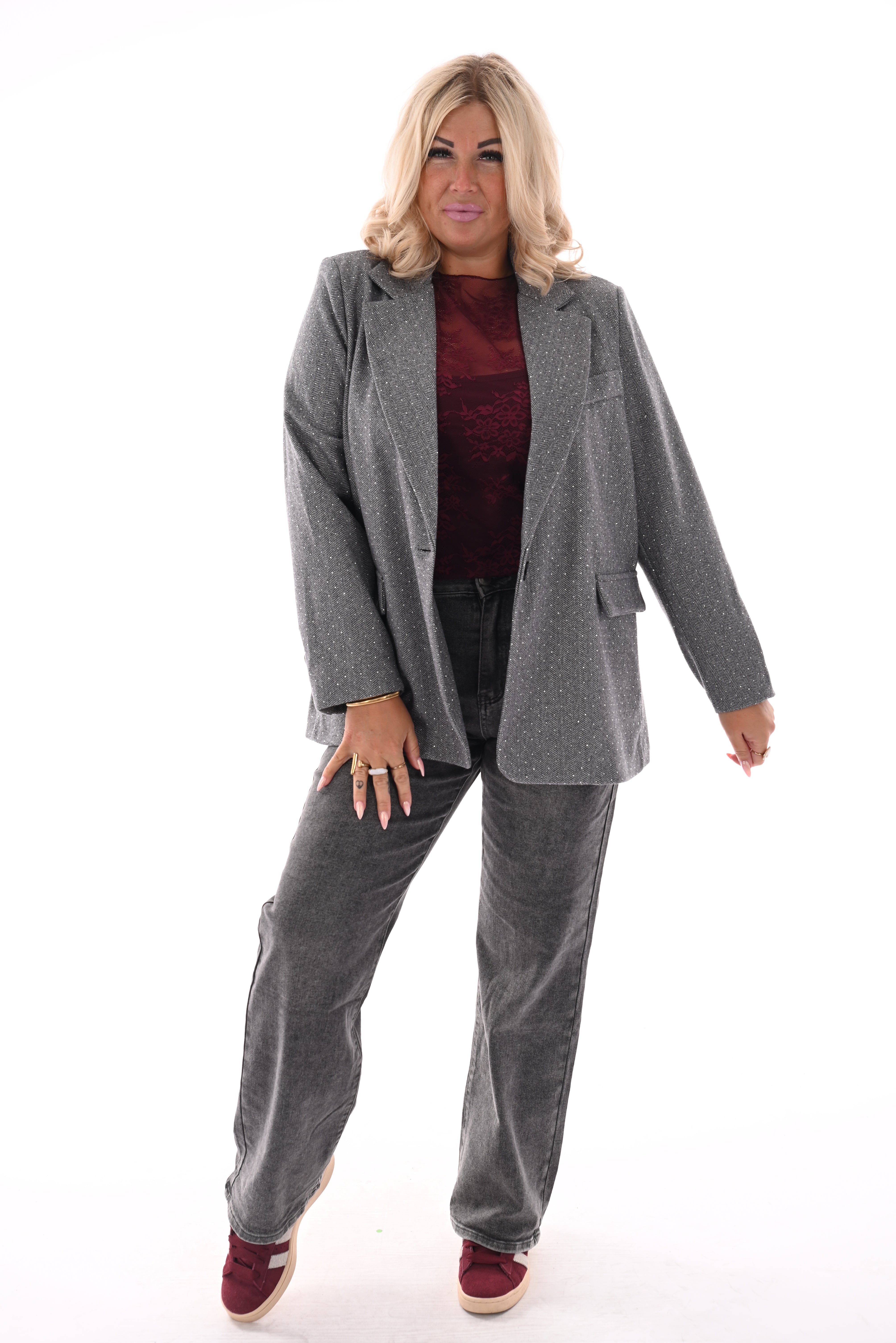 Blazer visgraat met strass lichtgrijs