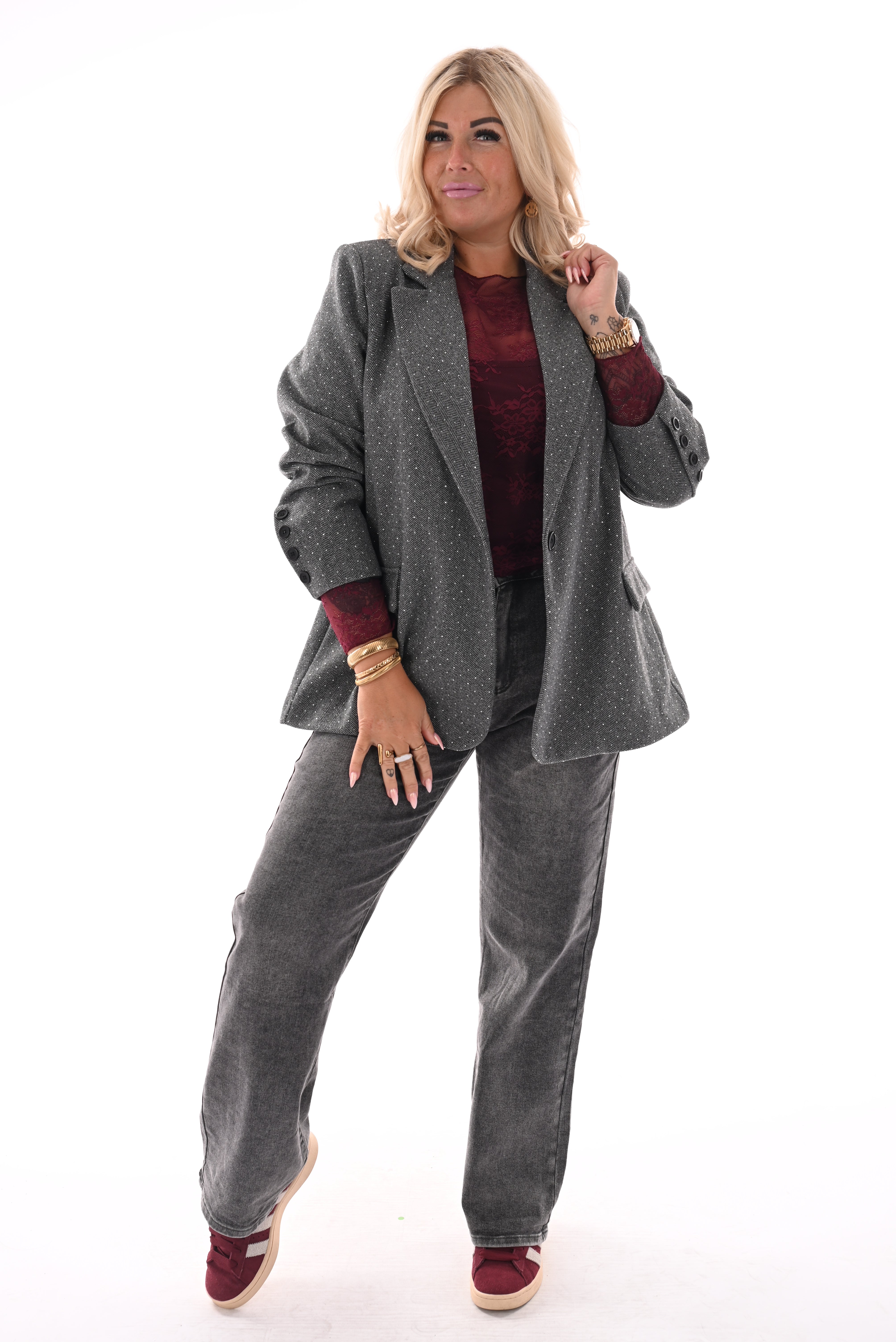 Blazer visgraat met strass grijs