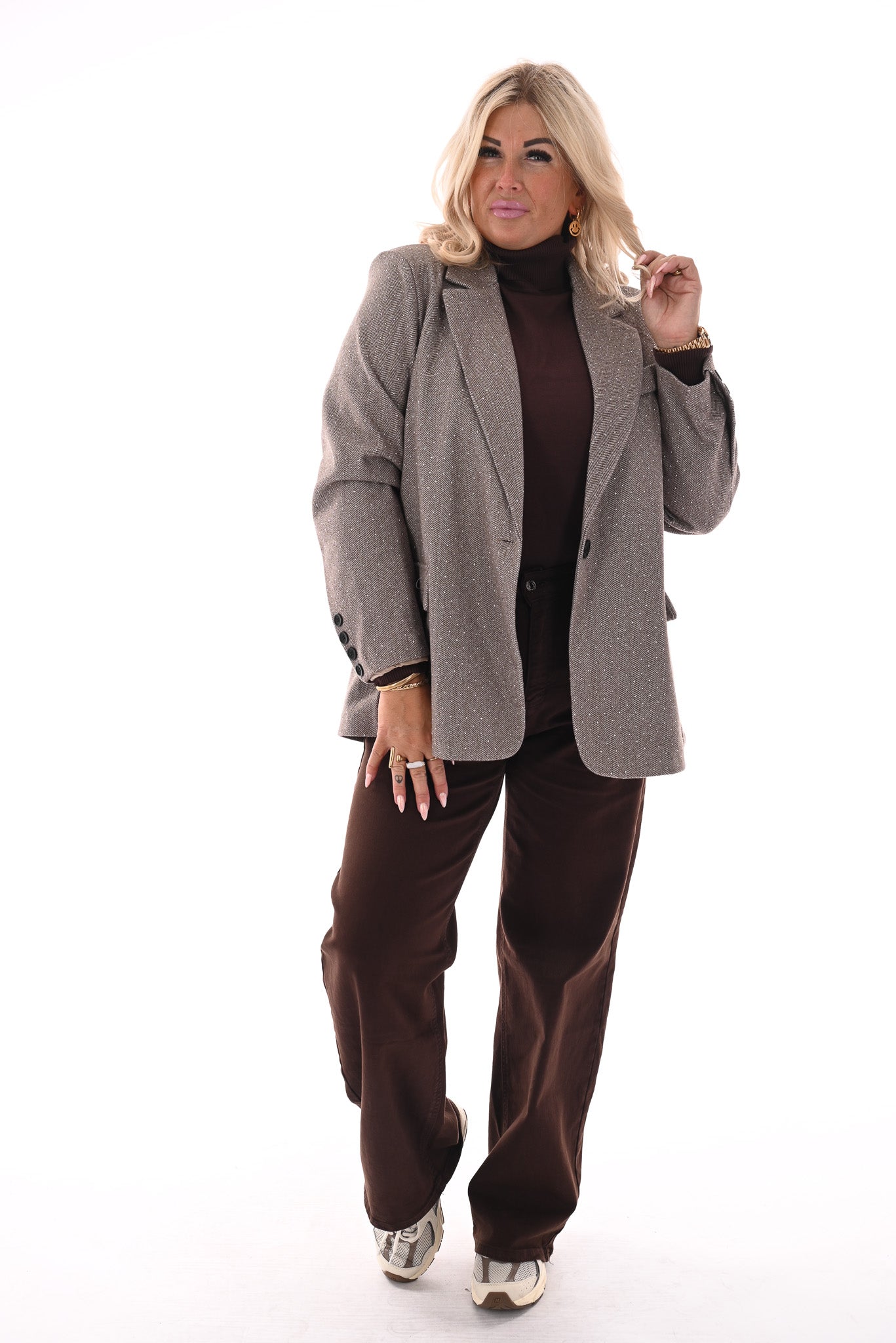 Blazer visgraat met strass beige