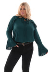 Blouse met roezels en trompetmouwen flessengroen